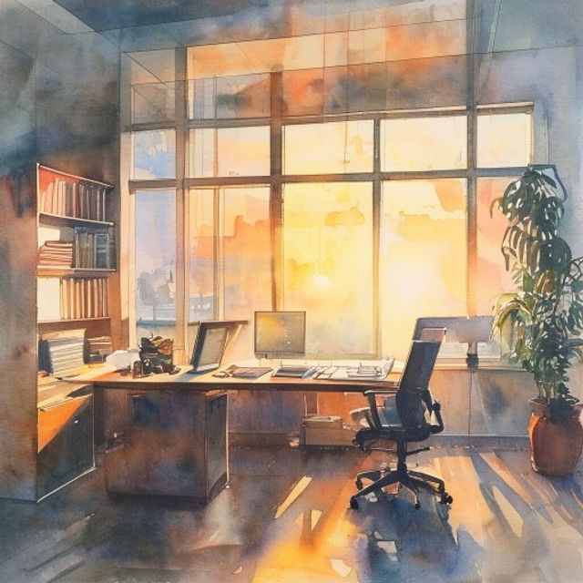 Watercolor of a quiet office at sunrise