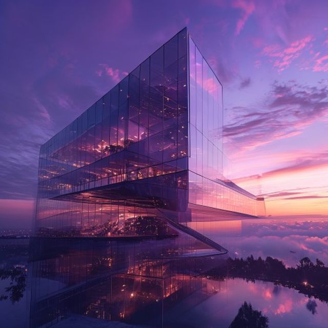 Futuristic glass architecture at dusk